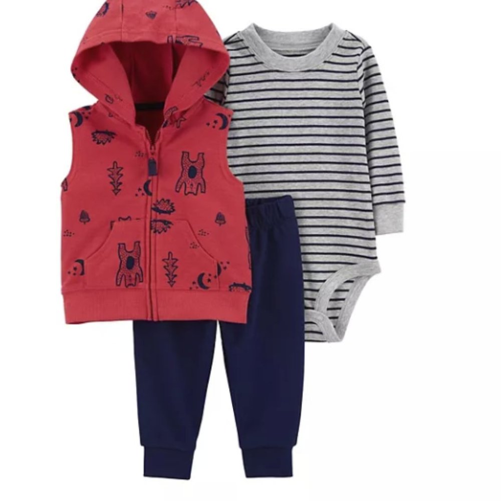 CARTERS WOODLAND LITTLE VEST, STRIPED BODYSUIT & JOGGER PANTS SIZE 6M  #K25
